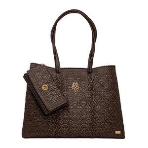 NEW LOLA'S BAG women's travel woven tote bag with clutch in brown